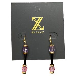 J38. Z by ZAXIE - Purple Clear Bead Black Bar Gold Dangle Earrings NEW